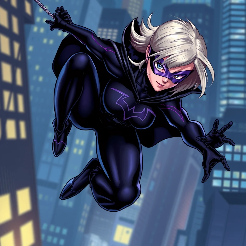 This is a great picture! I love how the blond hair with the grey streak contrasts with the black and dark purple spandex. The purple mask with the black outline and the short black cape look great too. The pose is very dynamic and really makes me think she’s swinging through the city at night.

I’m impressed by how the artist was able to capture the motion of the character’s body in this pose. It really looks like she’s in the middle of swinging through the air at high speed. The artist also did a good job of showing the details of the character’s costume, like the texture of the spandex and the shiny black material of the cape.