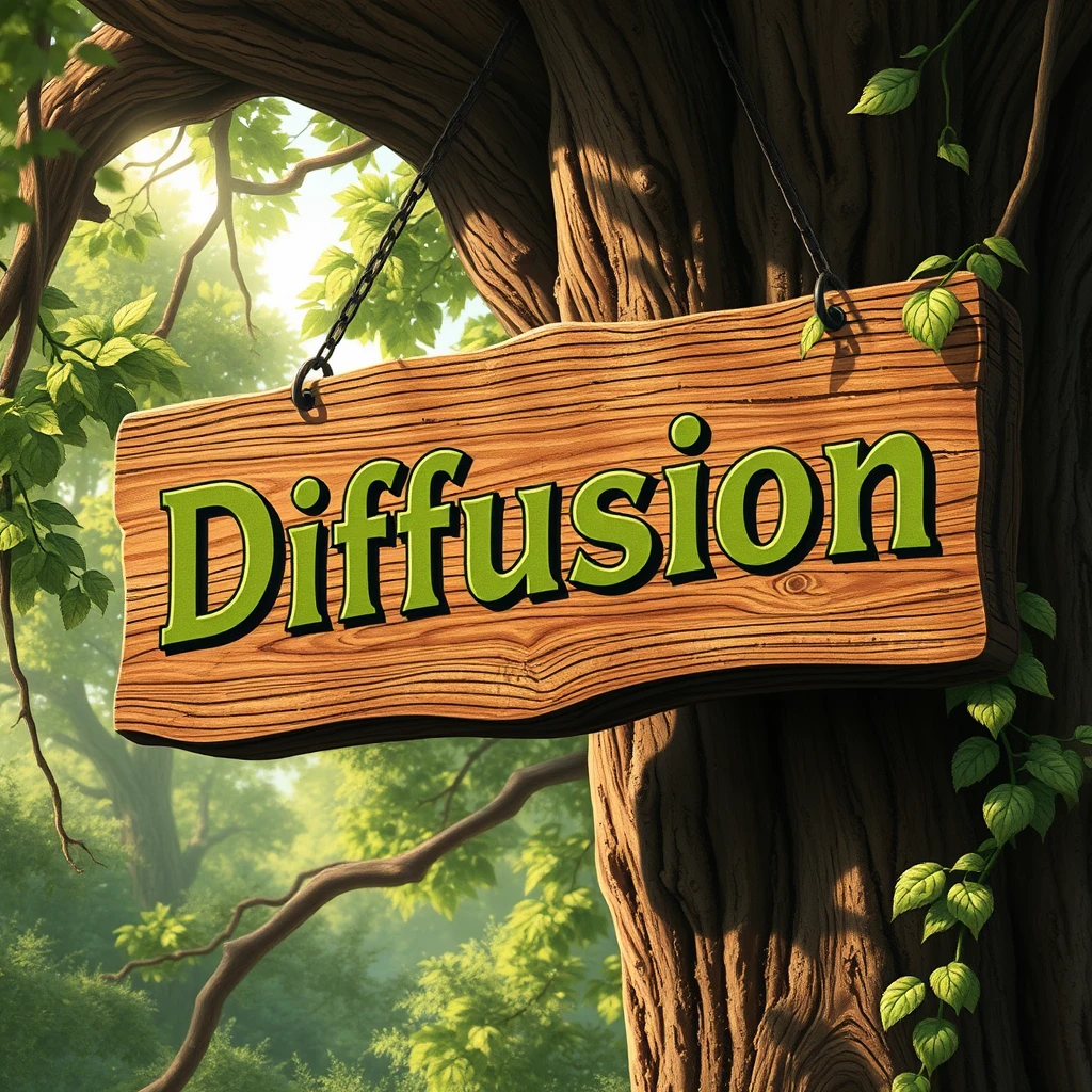 A rustic wooden signboard with "Diffusion Den" carved intricately into the surface, each letter filled with a mossy green paint. The sign hangs from an aged oak tree using iron chains, surrounded by a tranquil woodland setting. Painted in a realistic yet slightly whimsical style, akin to early 20th-century illustrators. Morning sunlight filters through the dense foliage, casting delicate shadows of leaves and creating a serene, inviting atmosphere. Hints of dew glisten on the wooden texture, enhancing the fresh, earthy mood.