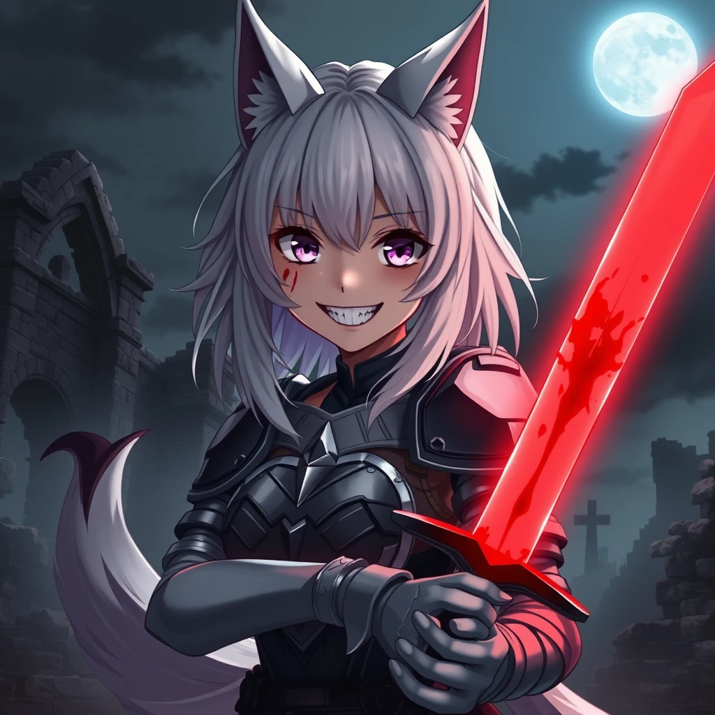 Anime girl with medium white hair, wolf ears, and a tail, with purple eyes and an evil grin, blood on her face, holding a sword in her right hand. The sword is glowing light red and covered in blood. The girl is wearing armor. Old ruins can be seen in the background; it is dark and foggy, and there is a full moon in the sky. Dramatic, dynamic, cinematic. - Image