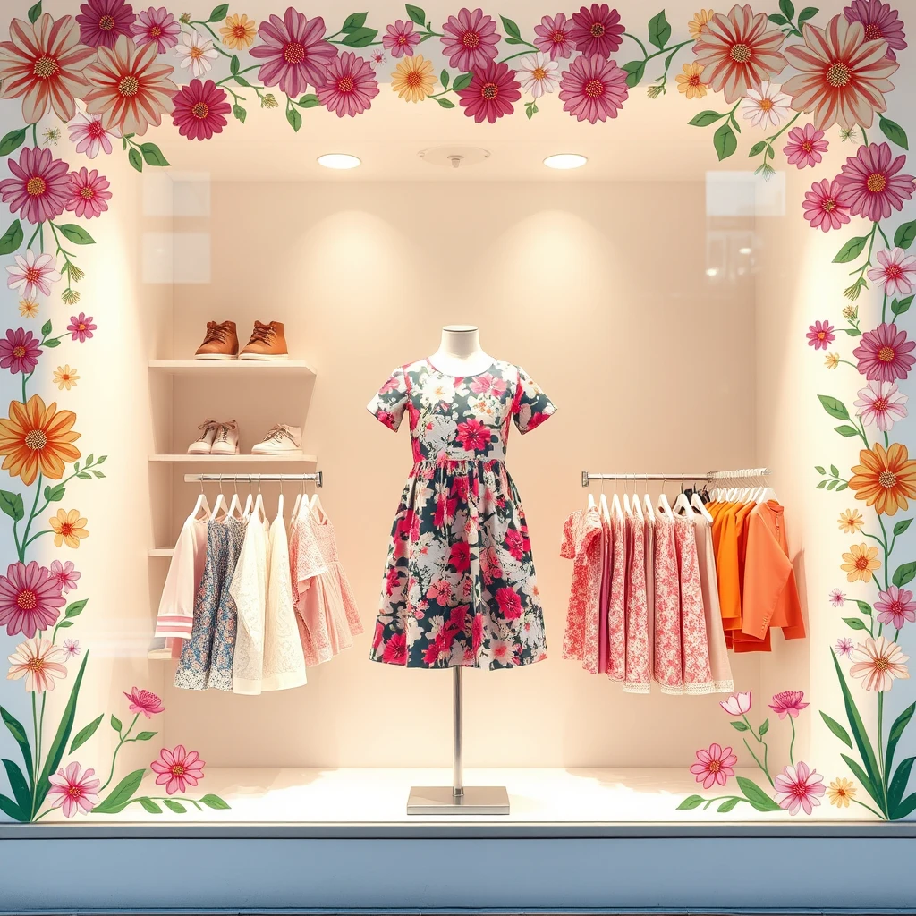 Generate a display window for children's clothing with a floral theme, featuring a mannequin in the center wearing a short-sleeved floral dress. - Image