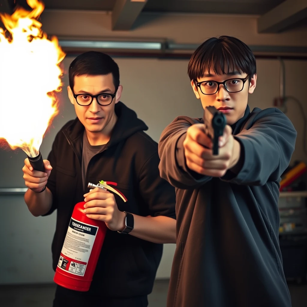 I want a 2-person set. They are two men, both 20 years old, and they look really angry with a murderous intent, set in a garage. The first man is a European white man; he has short black hair and wears round prescription glasses. In the scene, he's holding a very large fire extinguisher that shoots fire like a flamethrower. The second man is an Asian man; he has a thin, long face, mid to long hair with a fringe, and wears square prescription glasses. He's holding a pistol, aiming it at the screen.