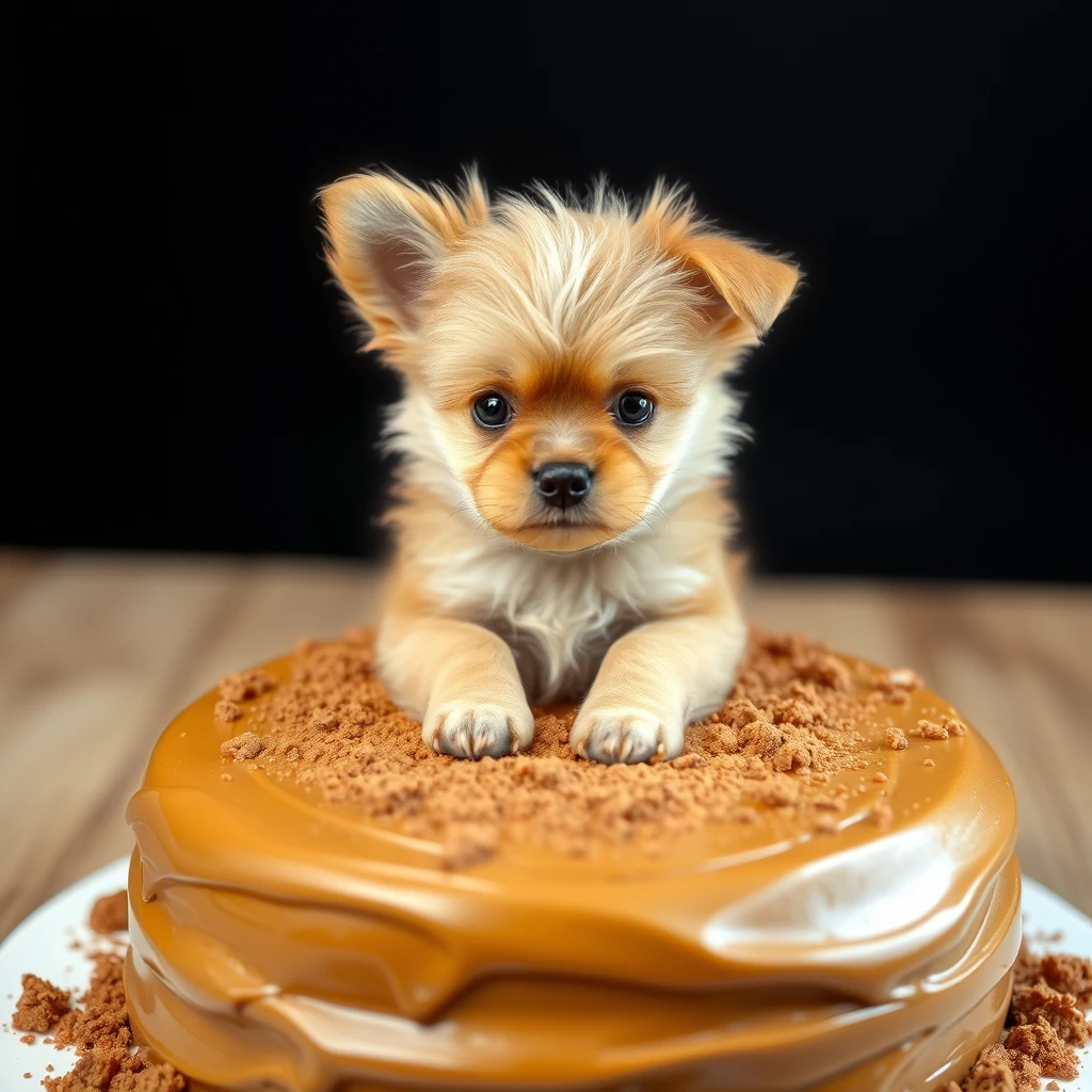 A photo of a very adorable small fluffy dog sitting on a caramel mud cake taken with an iPhone 4.