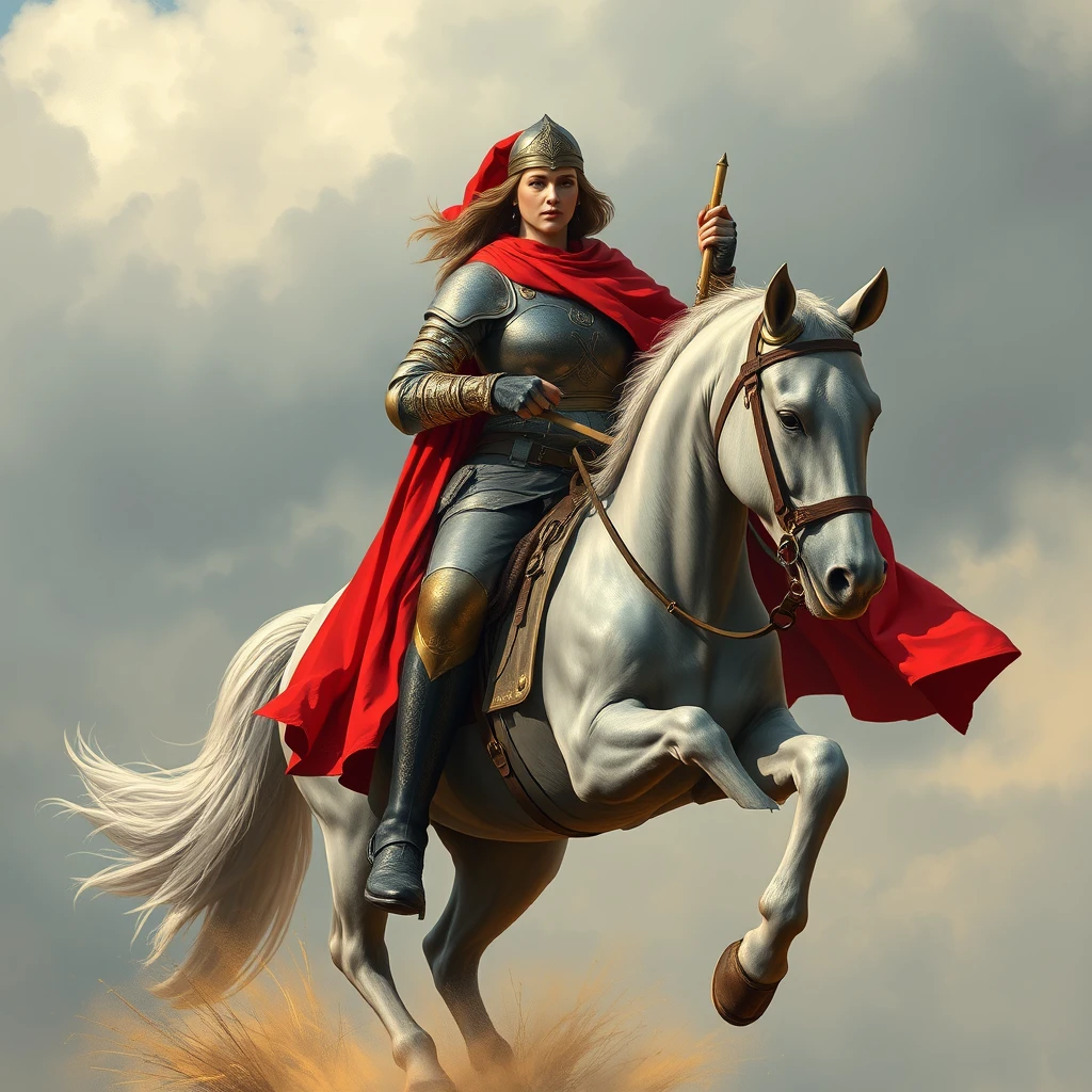 Joan of Arc wearing the Olympic rings and riding a grey horse