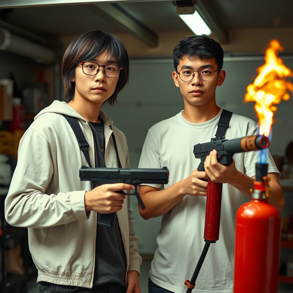 21-year-old white thin northern Chinese man wearing square glasses, mid/long hair, holding Glock; 21-year-old white Italian man wearing round glasses and short hair holding very large fire extinguisher flamethrower, garage setting. - Image