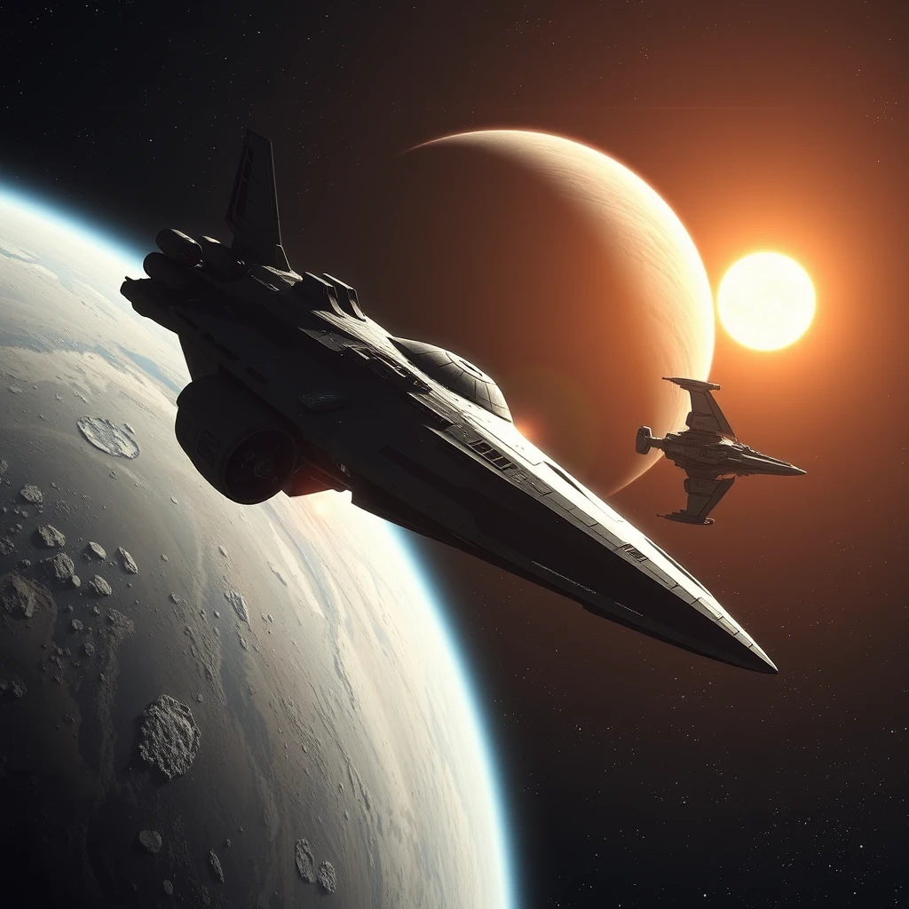 A huge battle spaceship close to a space station in the orbit of a planet with two suns. - Image