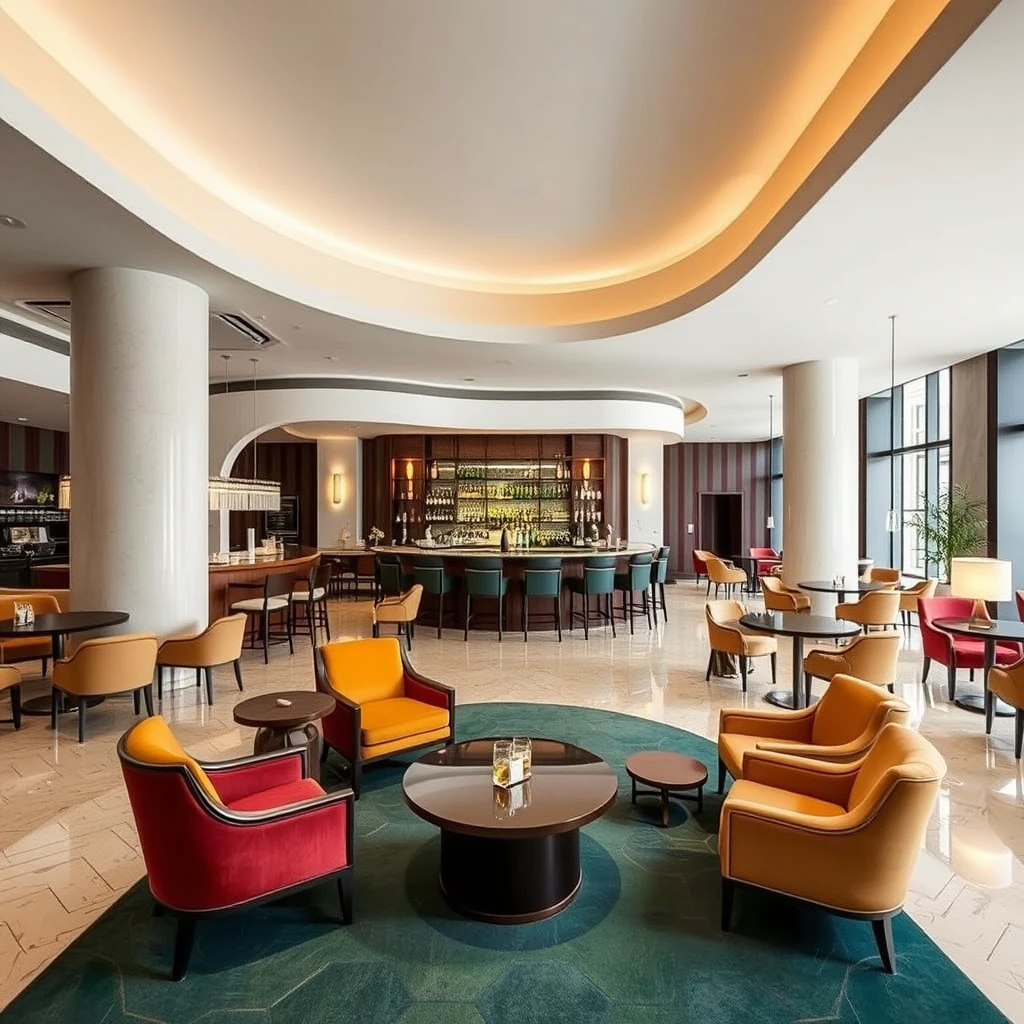 Hotel lobby bar, CCD style, curved shapes, abundant furniture, Bauhaus style color matching. - Image