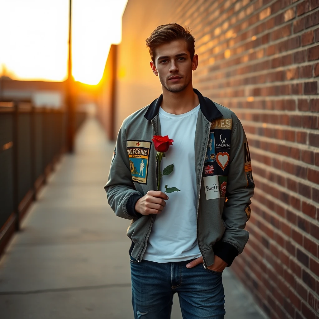 Freddie Prinze head and body shot, handsome, young, serious face, white T-shirt, collage jacket, jeans, sneakers, holding a red rose, hyper-realistic, street photography, brick wall, full-body photography, sunrise. - Image