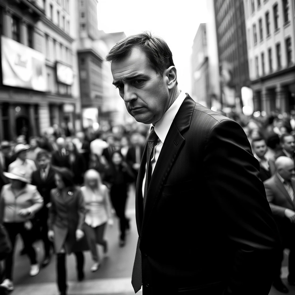 A high-contrast photograph of a figure in a stiff, formal suit, standing in a bustling city square, symbolizing tension. Monochrome palette, sharp focus on the figure against a motion-blurred crowd. Created using: black and white photography, urban stress theme, stark lighting, clear subject focus, blurred motion background, intense expressions, dramatic atmosphere, HD quality, natural look. - Image