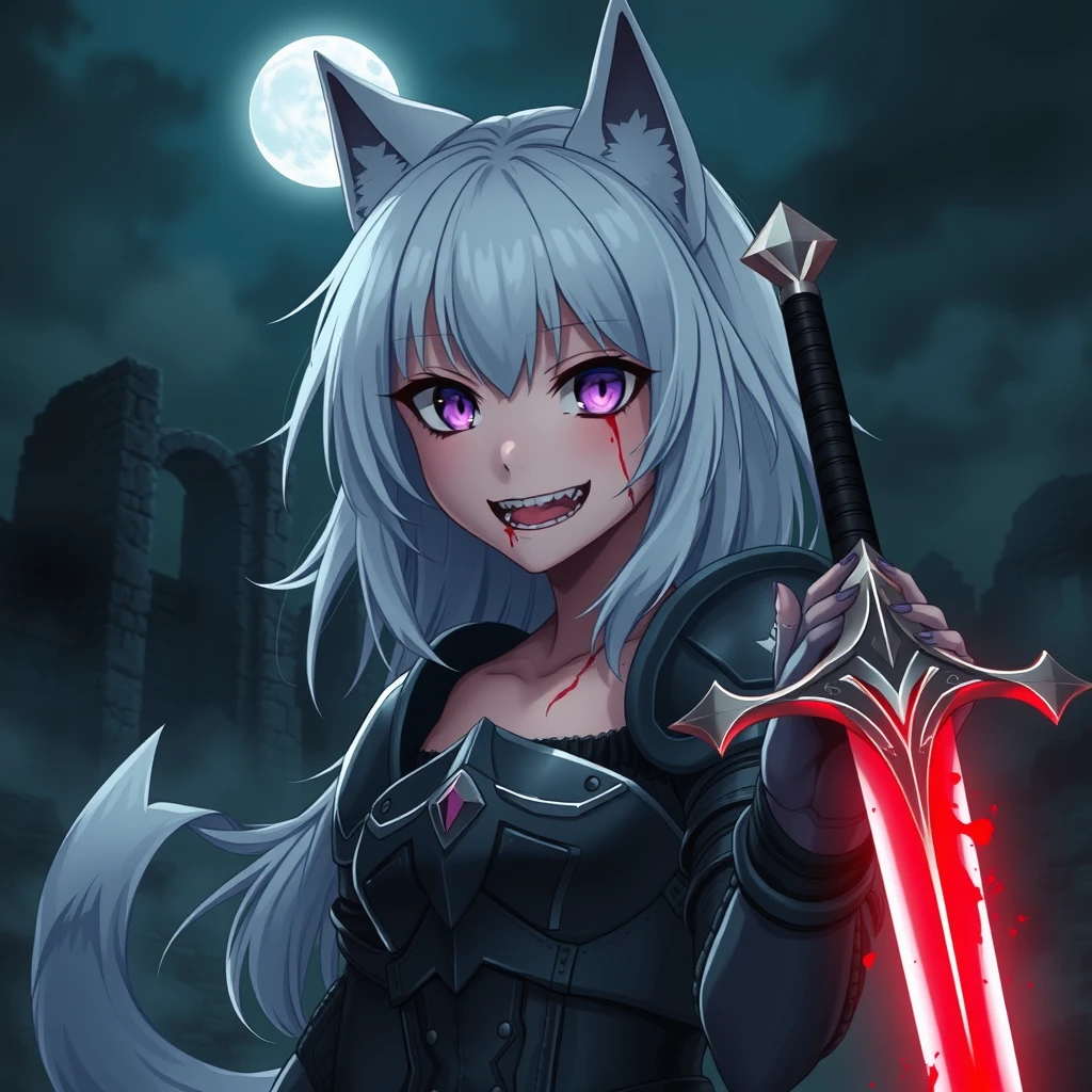 Anime girl with medium white hair, wolf ears, and a tail. She has purple eyes and an evil grin with fangs, and blood on her face. In her right hand, she holds a sword that glows light red and is covered in blood. The girl is wearing armor, and old ruins can be seen in the background. The setting is dark and foggy, with a full moon in the sky. Dramatic, dynamic, cinematic.