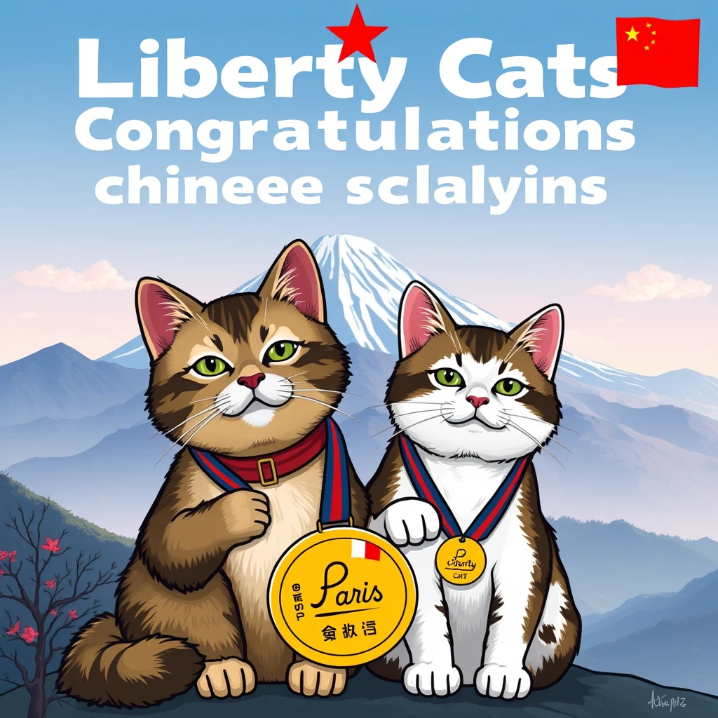 draw a pic with "Liberty Cats Congratulations chinese athletes " big text on the Mount Fuji backgroud,AND tow pixel style cats  in front it together , carring a Paris Olympic gold medal  logo with text "Liberty Cats"
 - Image