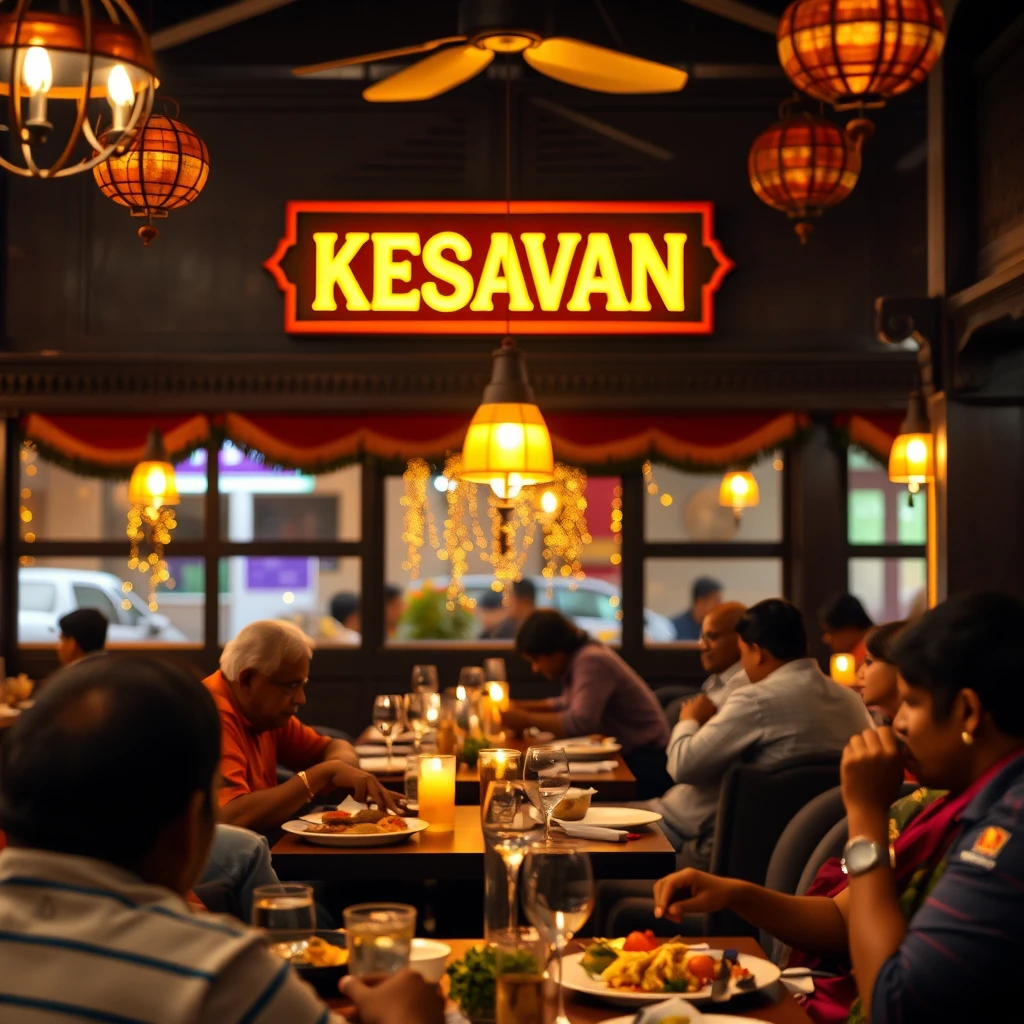 Scenery of Indian people eating in a traditional aesthetic Chettinad interior Indian restaurant with signage written "KESAVAN", bokeh, golden hour, dark blue and maroon theme colors.