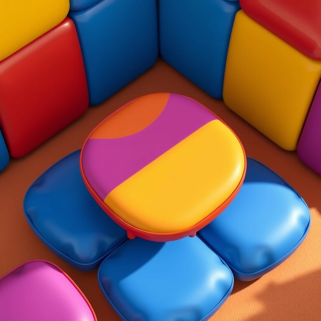 Digital image of a playful and soft padded multicolor table, small table, square table, vibrant colors. The overall atmosphere should be fun, light-hearted, and engaging, suitable for a digital game environment, top 45-degree view.