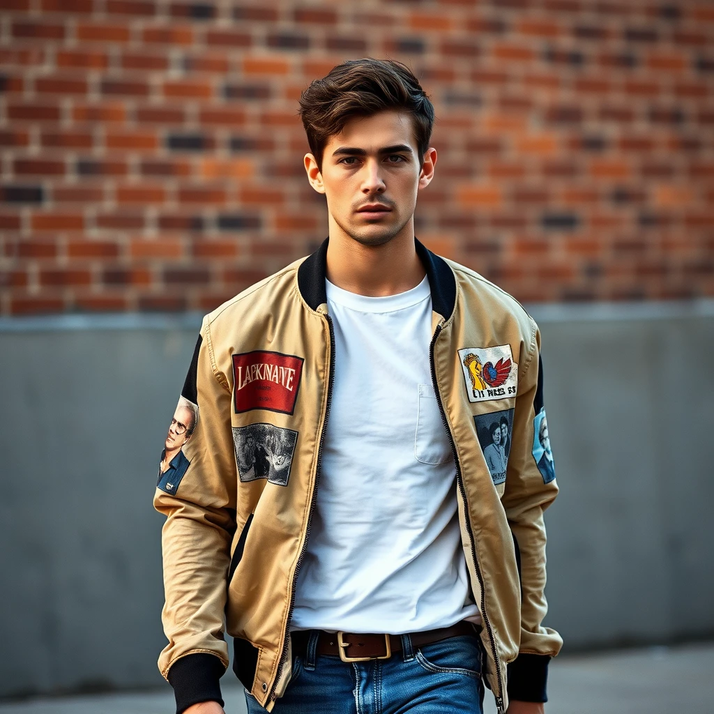 Freddie Prinze head and body shot, handsome, young, serious face, white T-shirt, collage jacket, skinny jeans, sneakers, walking hot style, hyper realistic, street photography, brick wall, full body photo, morning scenery. - Image