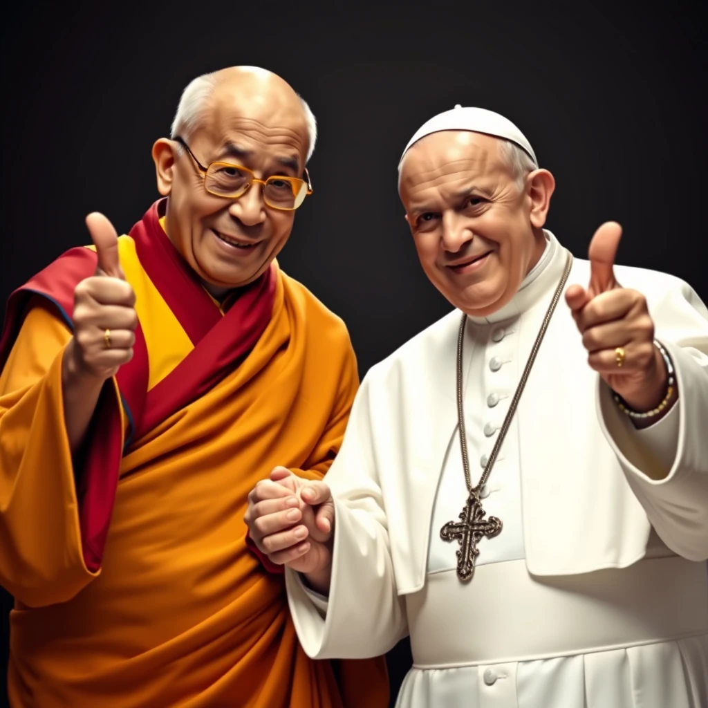 The Dalai Lama and the Pope stand next to each other, holding hands and showing a thumbs-up greeting with their free hands. Photorealistic, colorful, high resolution.