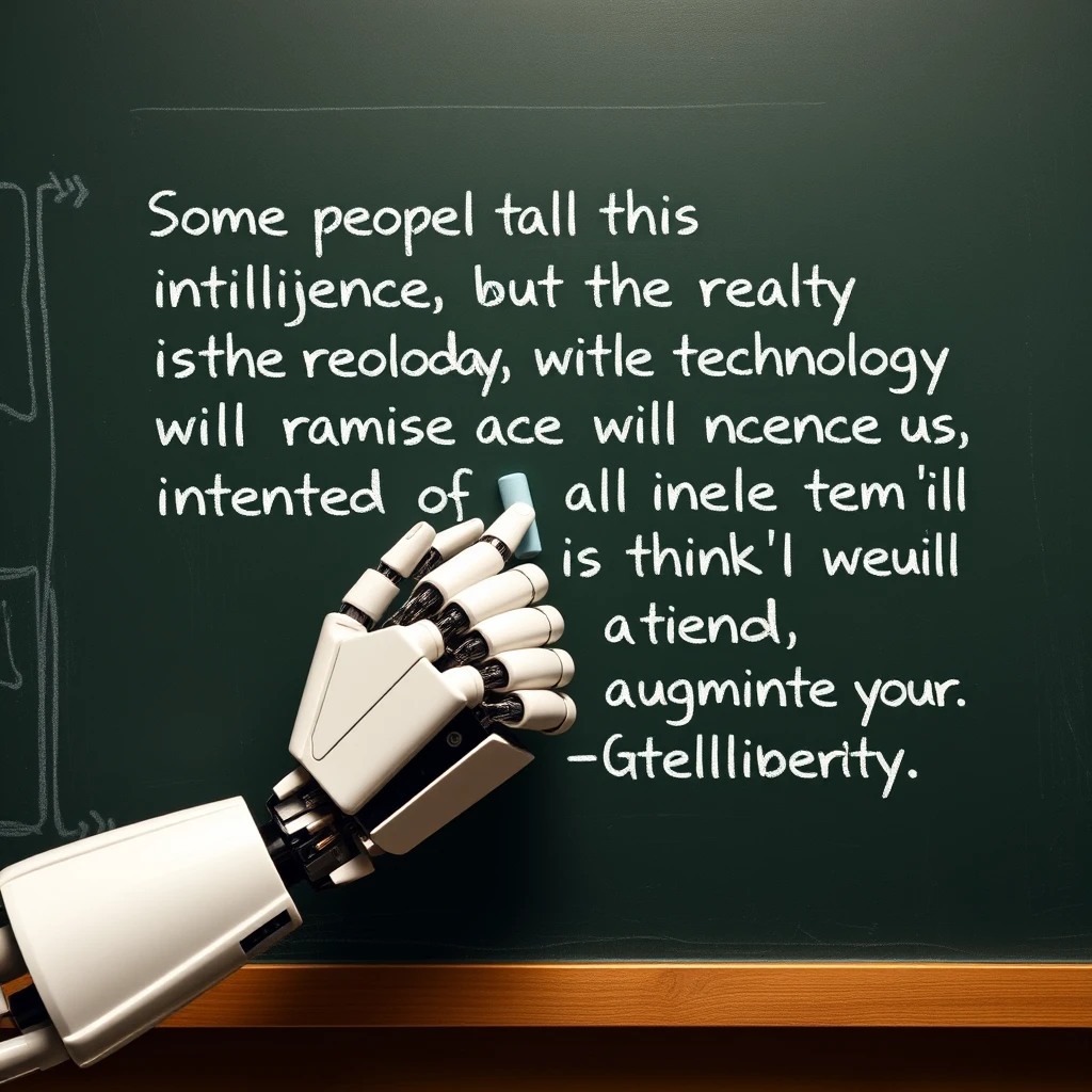 A robotic hand holding a piece of chalk writing with that piece of chalk on a chalkboard with writing on it that says “Some people call this artificial intelligence, but the reality is this technology will enhance us. So instead of artificial intelligence, I think we’ll augment our intelligence.” —Ginni Rometty, on a classroom style chalkboard. - Image