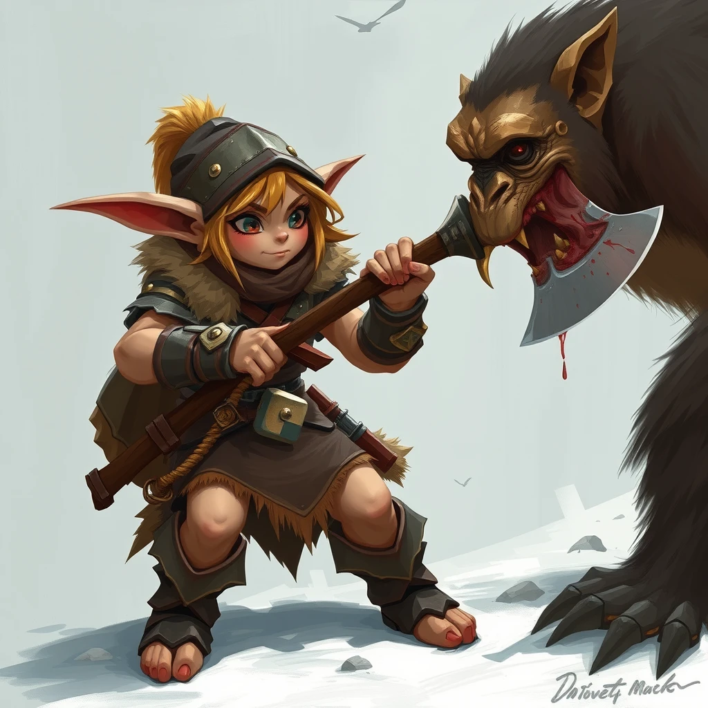 A pretty goblin girl in wooden armor uses an axe to kill an ape. - Image