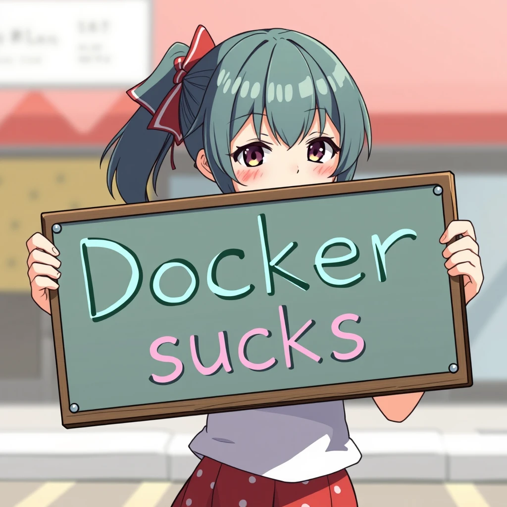 Anime girl holding a sign board saying "Docker sucks." - Image