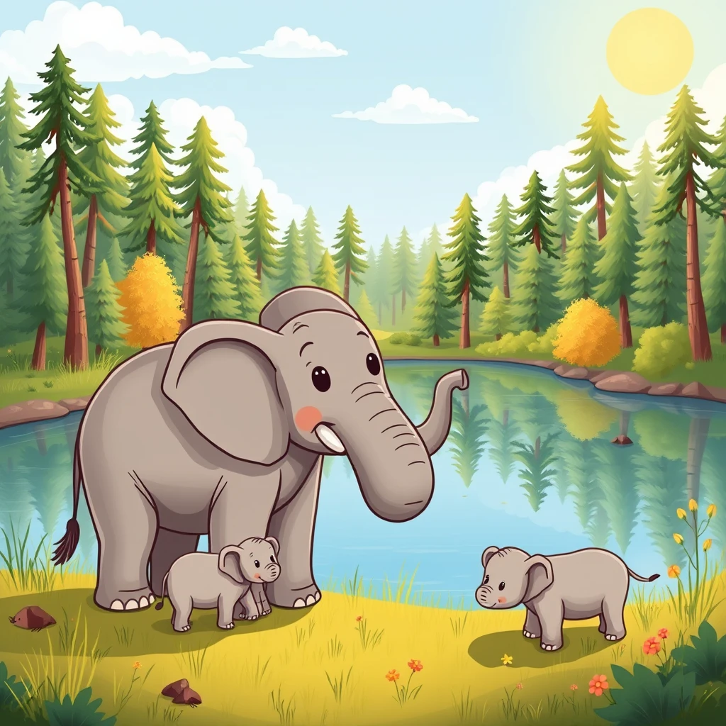 A whimsical cartoon of a happy elephant with her family grazing near a Finnish lake in a lush forest in the sun. - Image