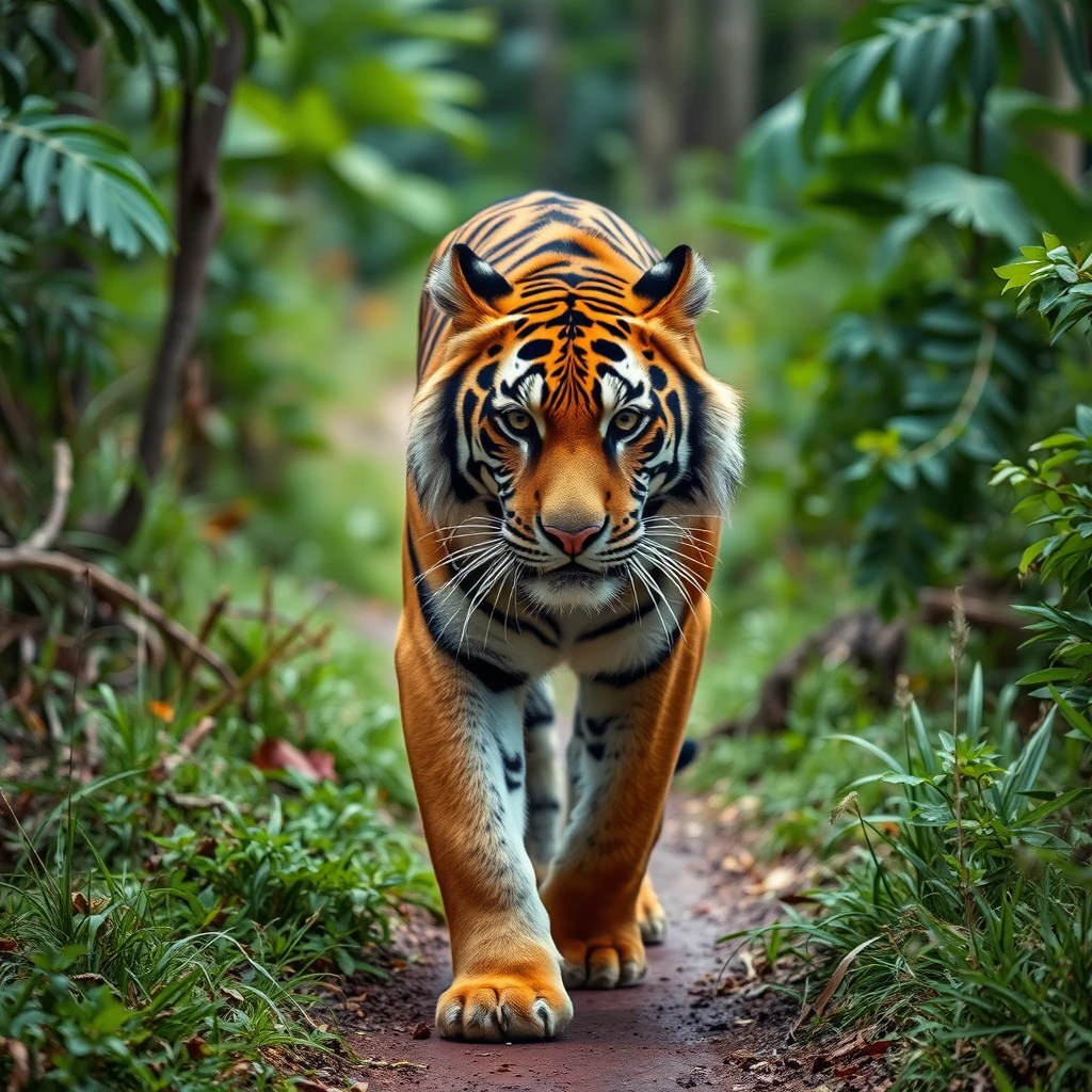 A photo of an amazing tiger walking on a path in the jungle. - Image