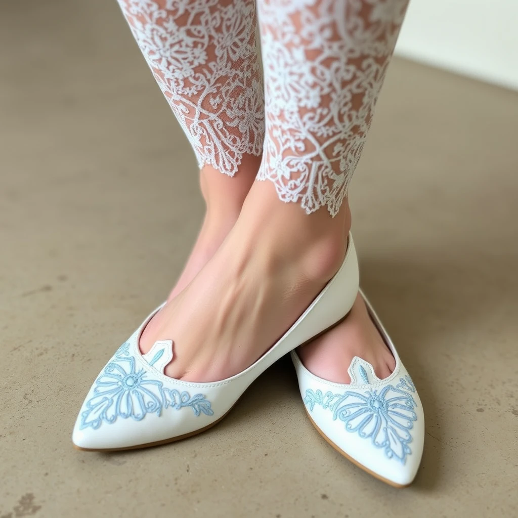 white flat pumps embroidered with detailed light blue pattern, white laced thighhighs.