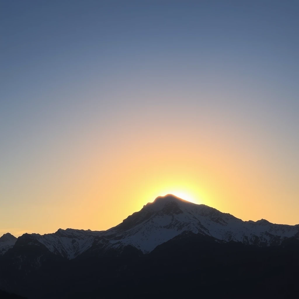 A sun back with a snow mountain at sunset. - Image