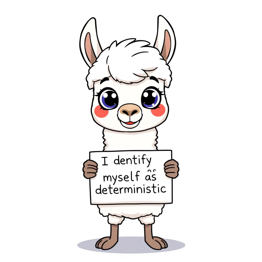 Cartoon llama holding a placard that says "I identify myself as deterministic", digital art style, vibrant colors, humorous expression, white fluffy llama with big eyes, placard held by hooves, clean lines, playful design, against a simple background.