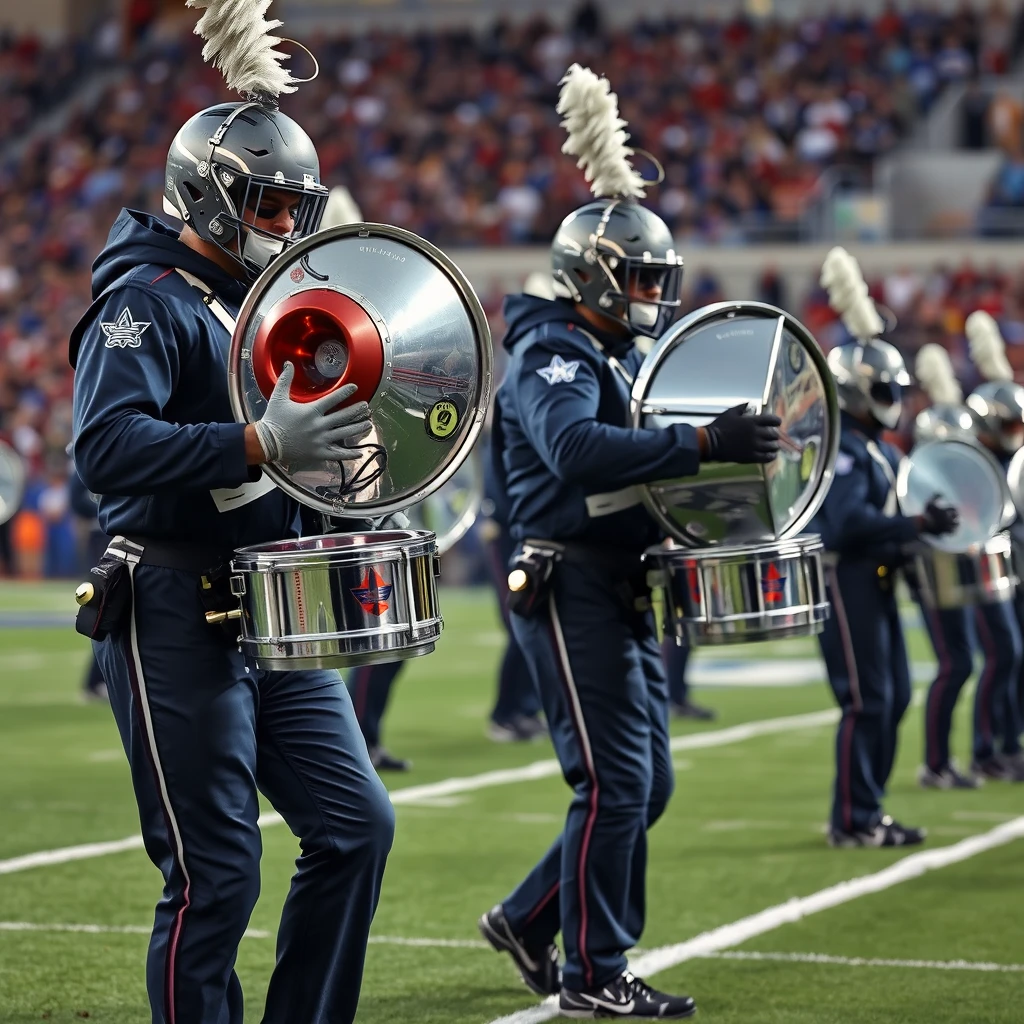 Drum corps cymbal players in spacesuits on football field - Image