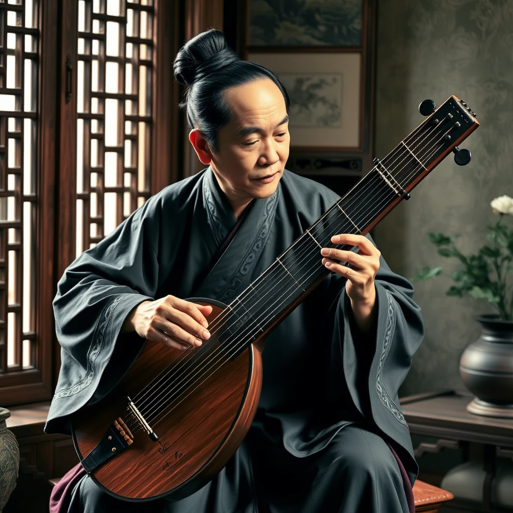 Ancient Chinese musician, Gong Mingyi, playing a qin at home, serene expression, beautiful melody.