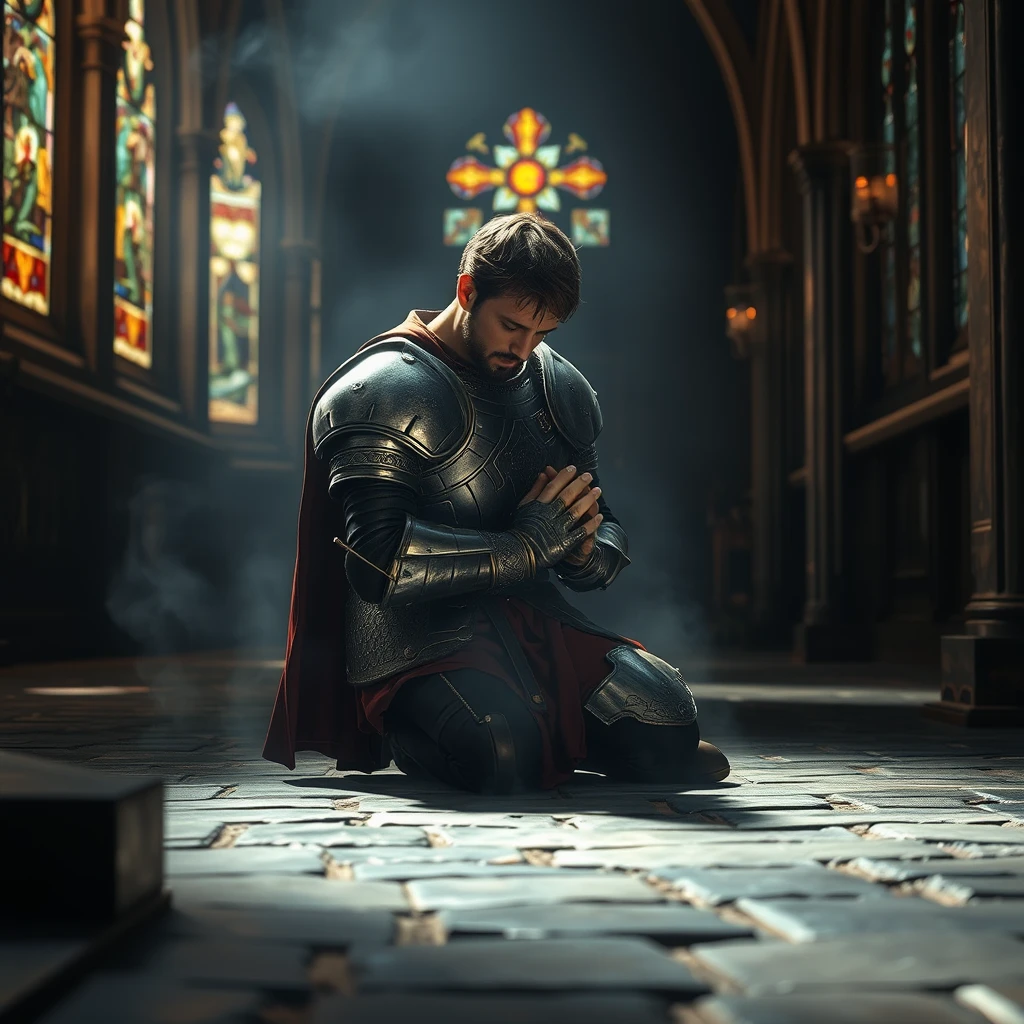 [Scene] This professional photograph, rich in detail and atmosphere, transports the viewer to a dimly lit chapel in medieval Europe. The scene is illuminated by the soft, ethereal glow of stained-glass windows, casting colorful patterns across the cold stone floor. The air is thick with the scent of incense and the hushed reverence of prayer.  
[Character] A handsome and powerful king, clad in intricately crafted plate armor, kneels humbly on the stone floor, his head bowed in fervent prayer. His strong hands, encased in gauntlets, are clasped tightly together, and his expression is one of deep devotion and humility. The weight of his crown and the responsibilities of his kingdom seem to press upon him, yet he finds solace and strength in his faith. The image captures a moment of private vulnerability, a glimpse into the soul of a warrior king who finds peace in the presence of the divine. - Image