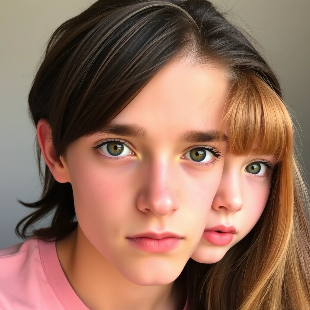 Young guy with long dark brown hair parted in the middle, sharp facial features, pale skin, light brown eyes, thick eyebrows, long eyelashes, next to a cute white ginger girl with a turned-up small nose, pink lips, green eyes, and long bangs.