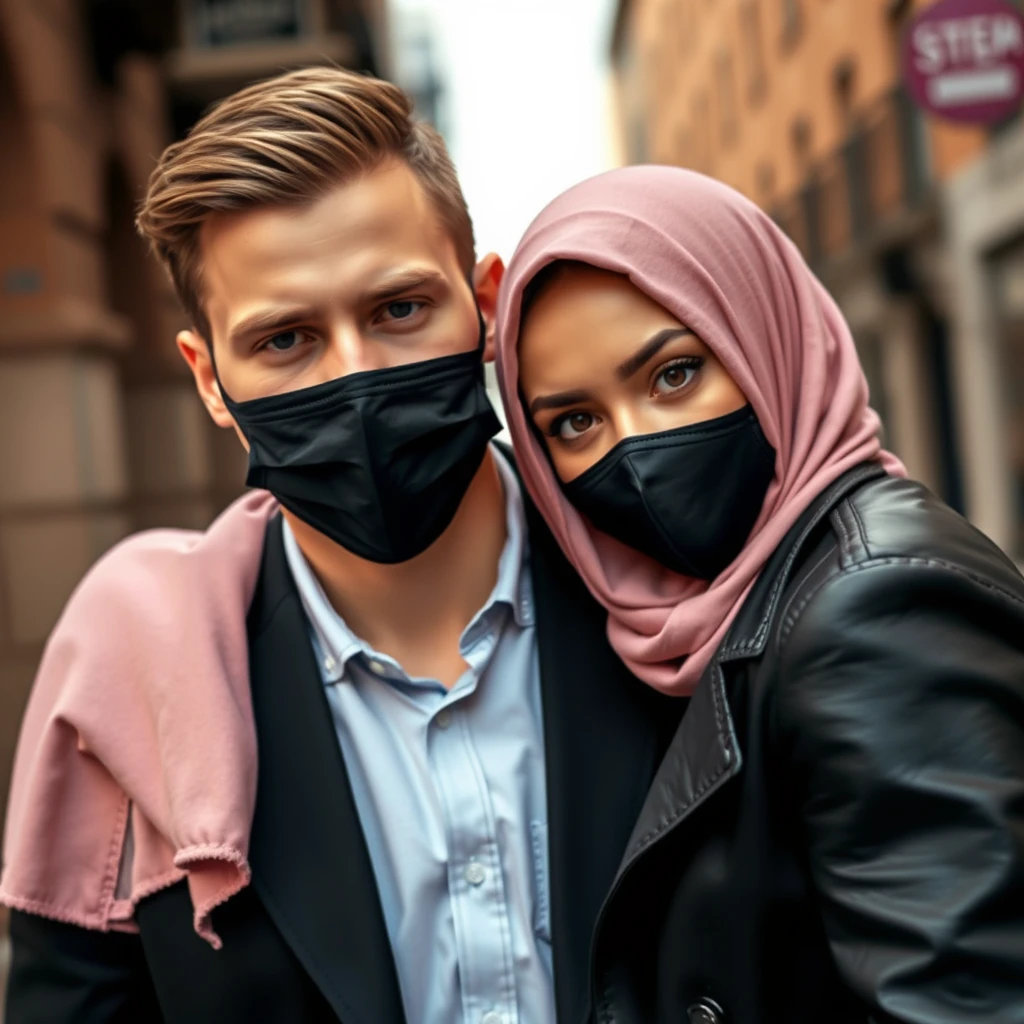 Jamie Dornan's head and body shot, handsome, young, face mask black, black coat suit, dating love with the biggest soft pink hijab girl, beautiful eyes, black leather jacket, face mask black, biggest floral skirt, hyper realistic, street photography.