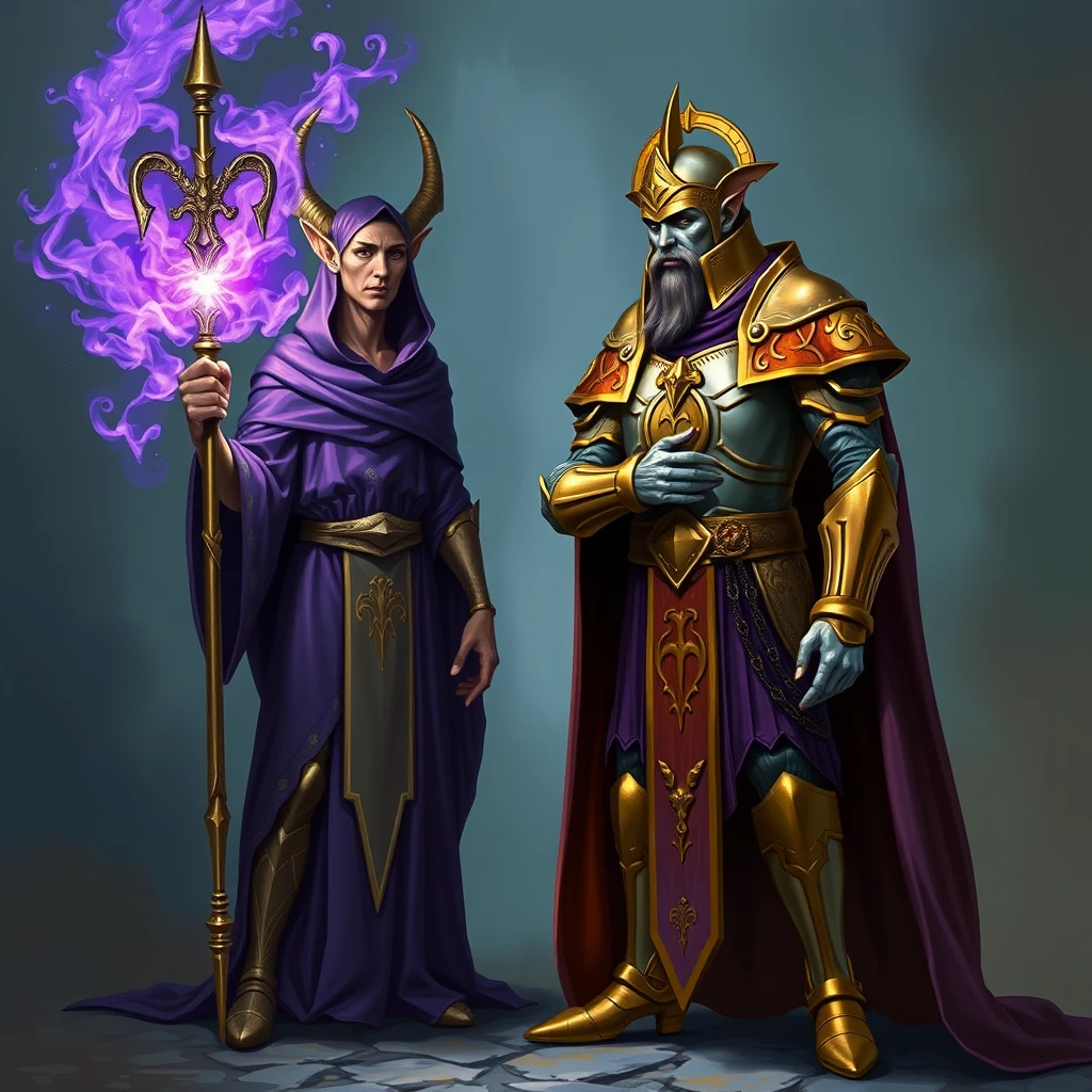 Gold and silver paladin standing in front of a purple robe-wearing elf with a staff enchanting the paladin to double in size. - Image