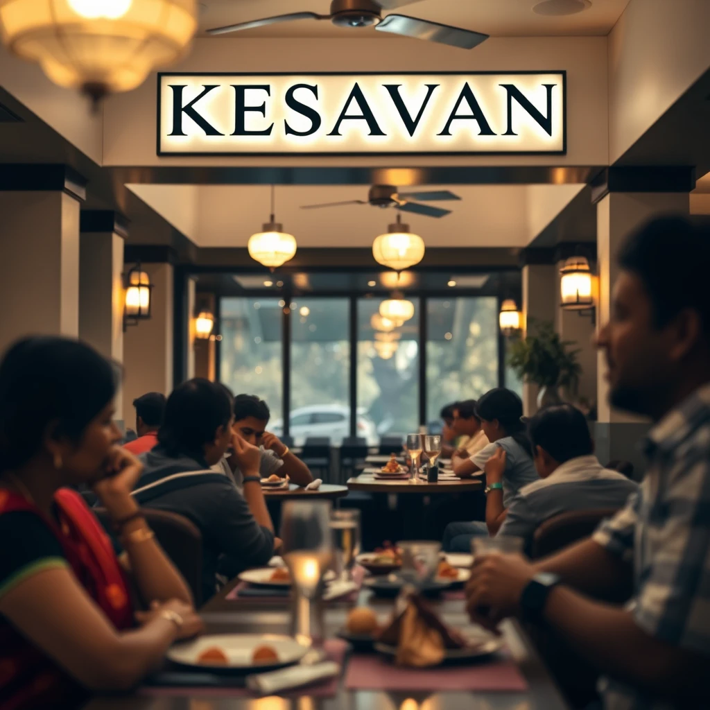 Scenery of Indian people eating in a minimalist traditional aesthetic Chettinad interior Indian restaurant with signage reading "KESAVAN," bokeh, golden hour, white, dark blue, and maroon theme colors.