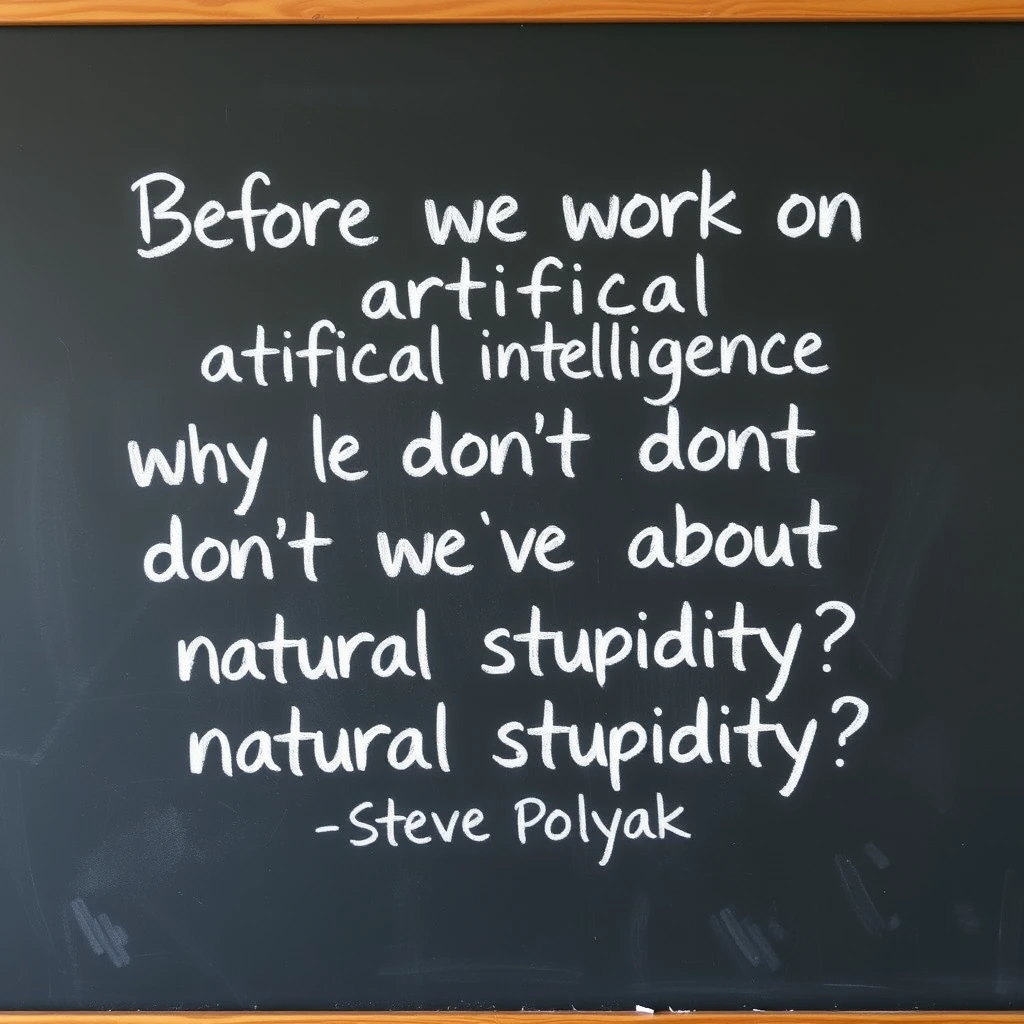 Chalk writing on a chalkboard that says “Before we work on artificial intelligence why don’t we do something about natural stupidity?” —Steve Polyak, on a classroom style chalkboard.