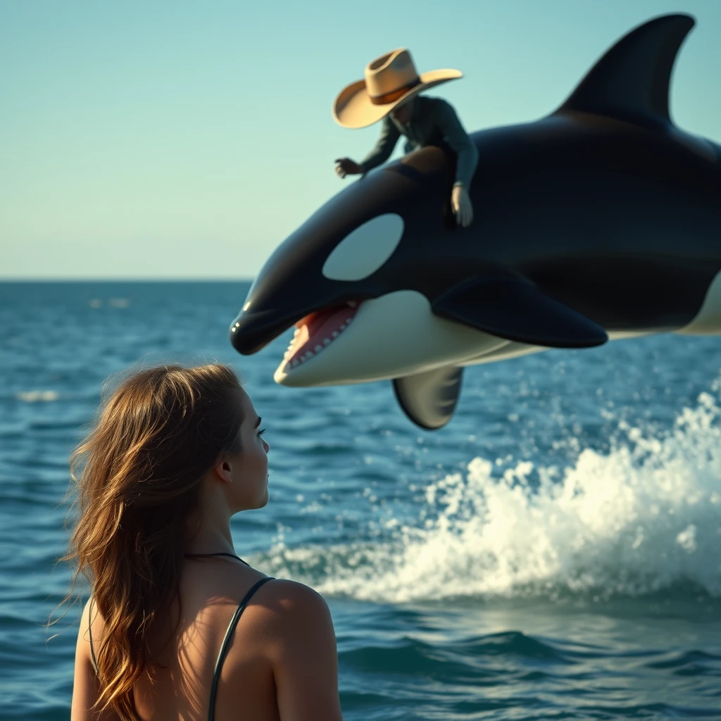 A 18 year old model looks at the ocean where an orca ridden by an alien in a cowboy hat is jumping out of the water. Super detailed photo realistic shot in a Canon. - Image