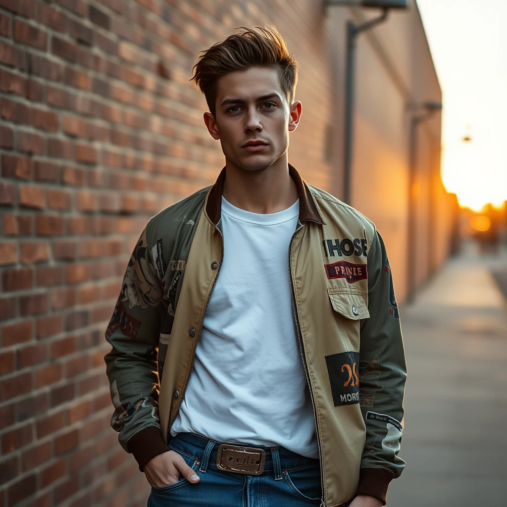 Freddie Prinze head and body shot, handsome, young, serious face, white T-shirt, collage jacket, jeans, sneakers, hyper-realistic, street photography, brick wall, full body photography, sunrise.