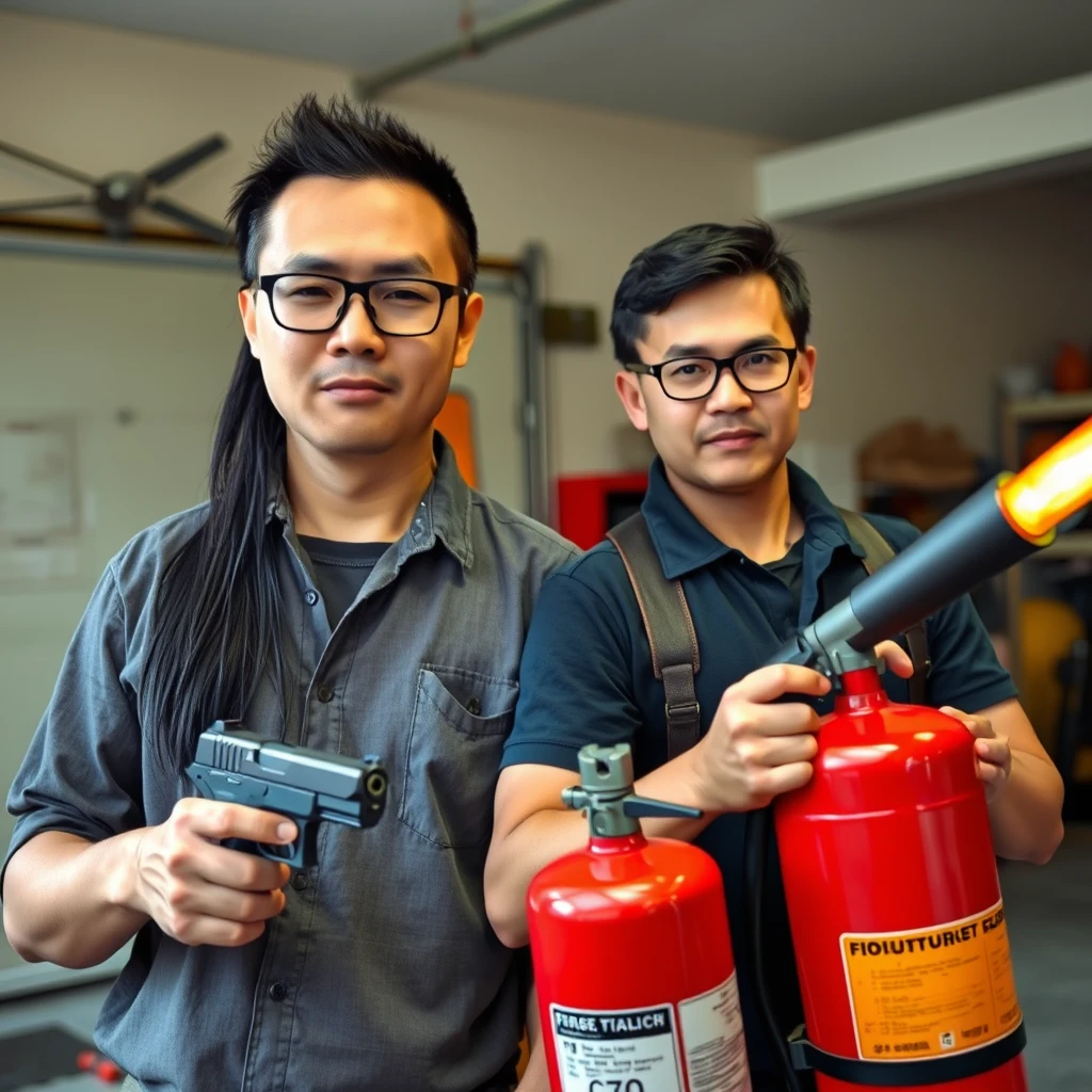 21-year-old white Chinese man wearing square glasses, with a long black fringe mullet, holding a pistol; 21-year-old white Italian man wearing round glasses and short hair, holding a very large fire extinguisher flamethrower, in a garage setting. - Image