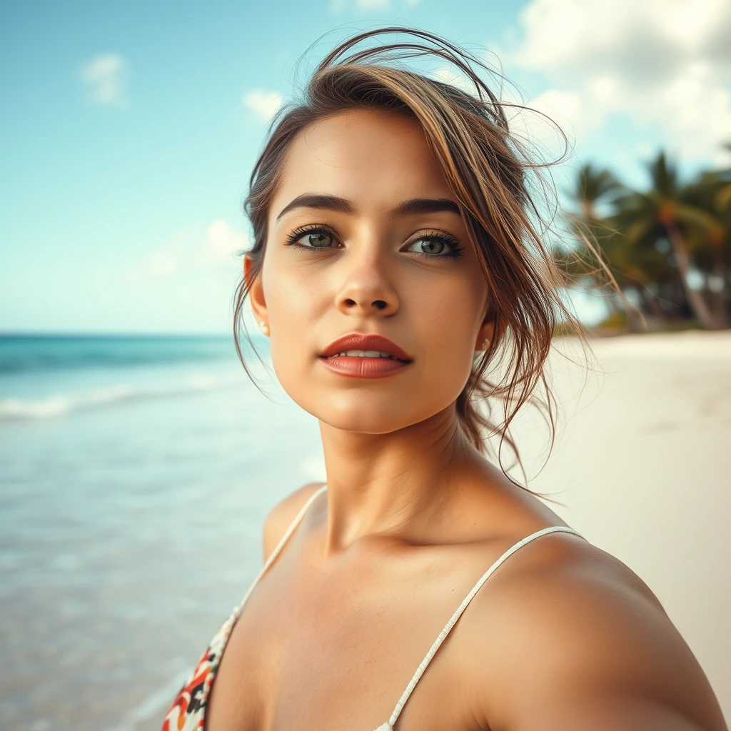 A close-up of a woman alone on a tropical beach.