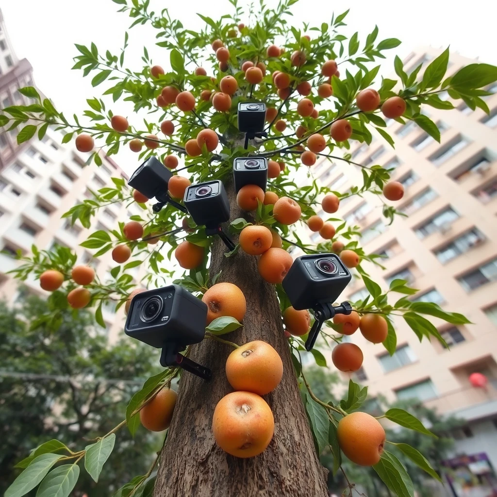 A tall tree with fruits which are GoPro cameras. The background is an urban environment.