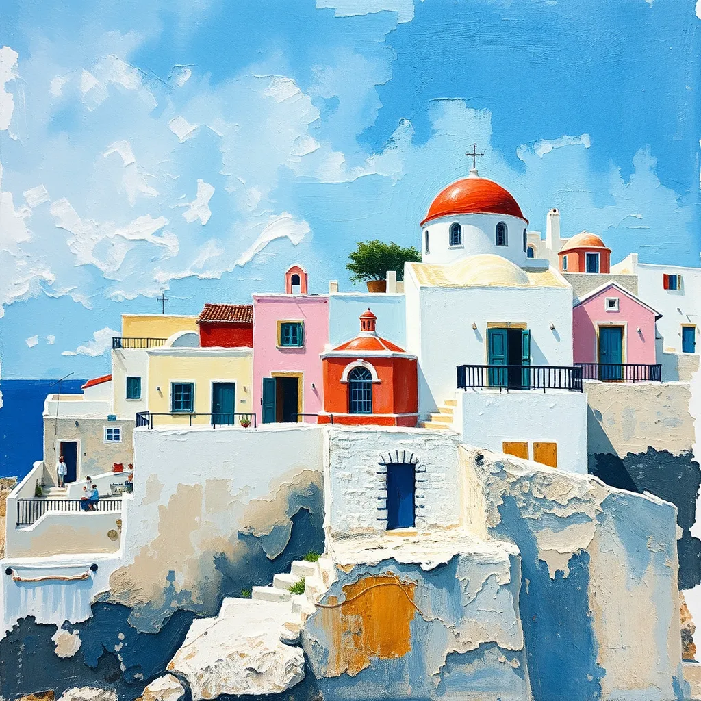 Impasto with highly textured painting with thick application of paint with a watercolor bleed white edge houses on The Cycladic Islands. - Image