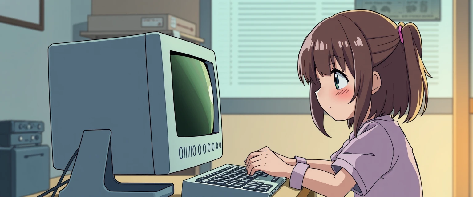 A young girl repairing an Apple computer in Japanese animation style. 16:9