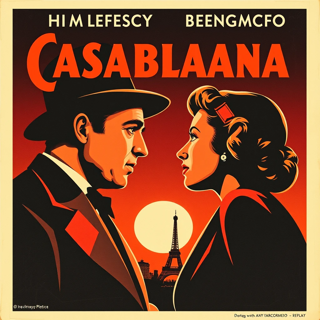 A vintage movie poster for the film Casablanca starring Humphrey Bogart and Ingrid Bergman. - Image