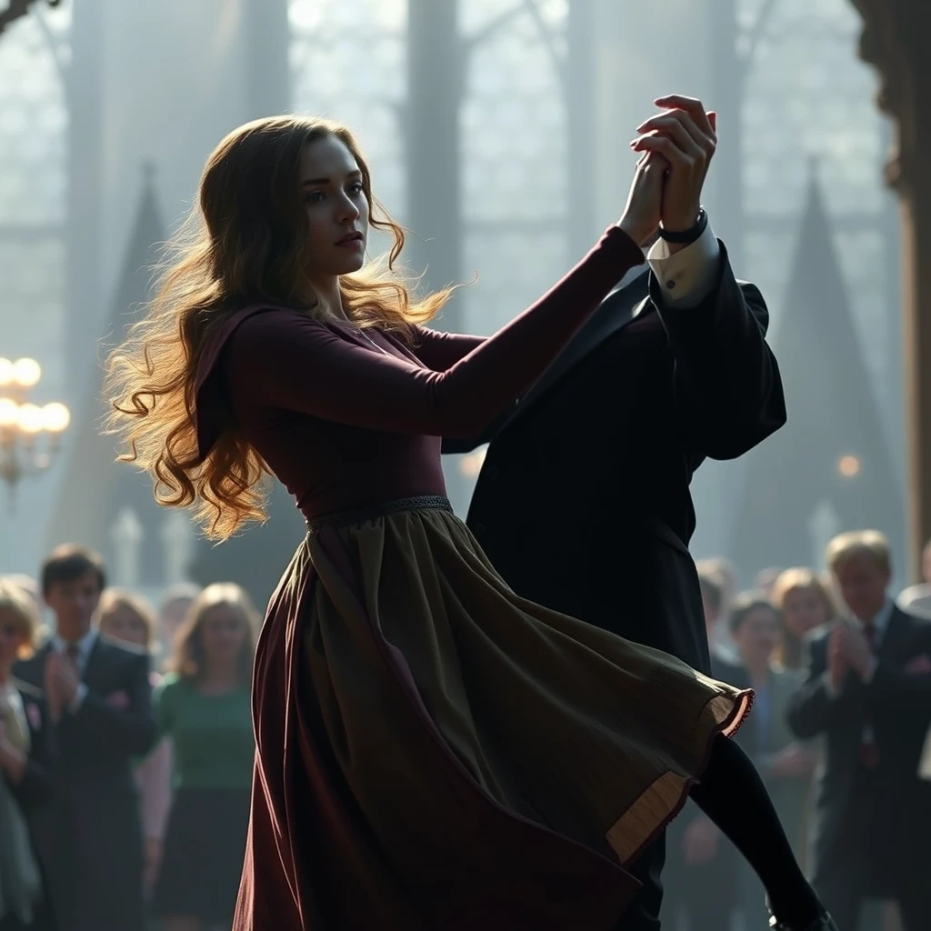 Photo realistic: Hermione Granger dances the waltz with Harry Potter. - Image