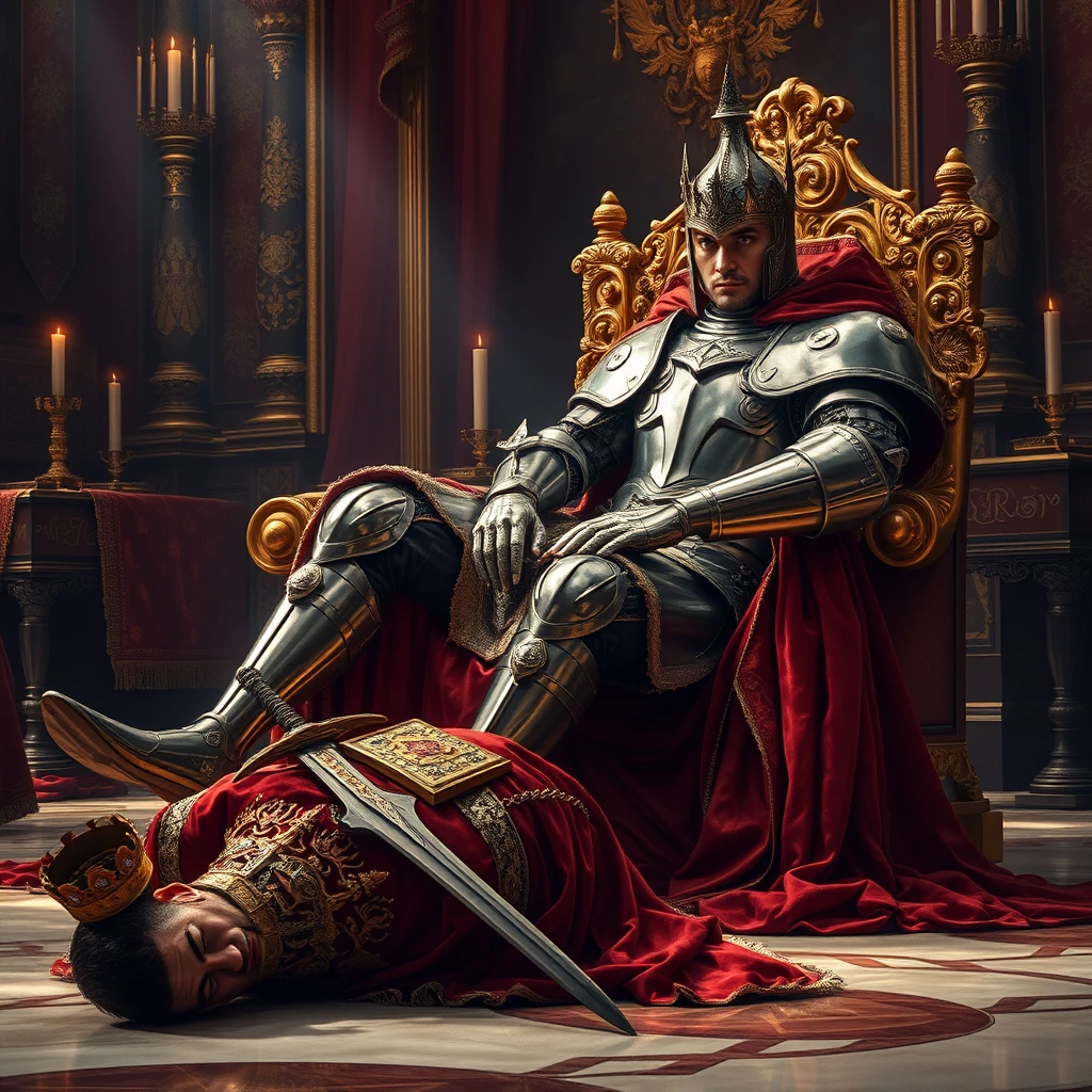 The scene unfolds in a richly appointed throne room, dripping with opulence and the heavy scent of incense. A newly crowned usurper, handsome and powerful in gleaming, meticulously crafted plate armor, sits sprawled upon the golden throne. His posture is one of arrogant ease, a stark contrast to the figure kneeling at his feet. The deposed king, clad in rich velvet robes now stained with the dust of defeat, hangs his head low, his crown discarded on the polished marble floor. The usurper's face, framed by the cold steel of his helmet, is grim and resolute, his hand resting possessively on the jeweled hilt of his sword. The light catches the intricate details of his armor, the glint of gold against the polished steel, highlighting the stark reality of his brutal ascent to power. The fallen king's ornate robes, once a symbol of authority, now pool around him like a shroud, a silent testament to the swift and merciless turn of fortune's wheel. The scene is rendered with painstaking detail, from the individual links of chainmail to the intricate carvings on the throne, capturing the raw power dynamics and the heavy weight of betrayal that hangs in the air.