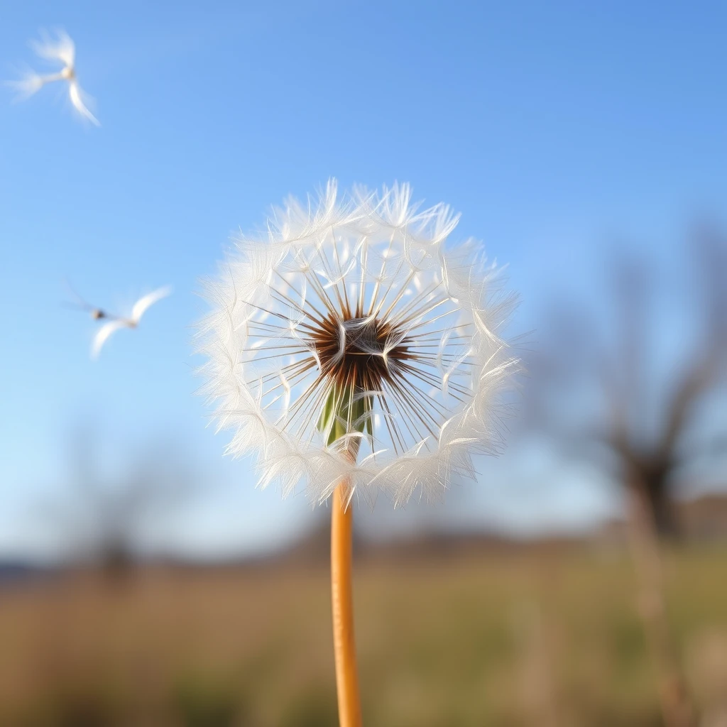 The dandelion seeds are blown away by the wind. - Image