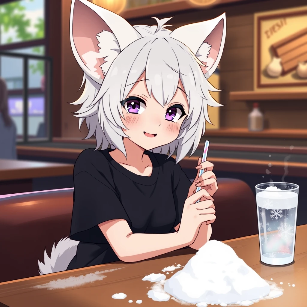 Cute teen anime girl with fluffy fennec ears and a fluffy tail, white messy medium hair, and purple eyes, wearing a black t-shirt, sitting at the table in a bar. On the table is one tiny mountain of snow. The girl looks at the snow with a big crazy smile and has a straw in her right hand; she has a bit of snow under her nose.