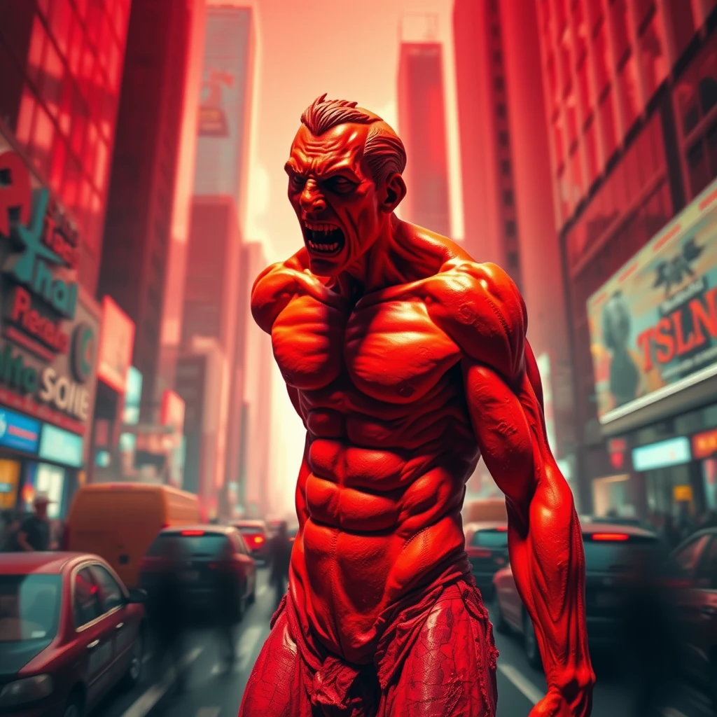 A sculpture of a tense figure, muscles visibly strained, in a chaotic urban environment, surrounded by blurred traffic and towering skyscrapers. Intense red and orange hues dominate, with sharp lighting from above creating deep shadows. Created using: hyper-detailed textures, exaggerated human anatomy, urban chaos theme, high-contrast lighting, dynamic angles, vibrant colors, expressionist influence, HD quality, natural look. - Image