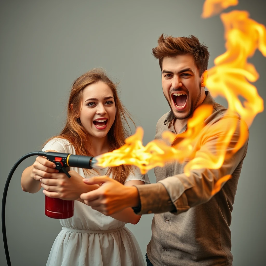 20-year-old smiling white Italian man burning 'green-eyed redhead girl' with fire extinguisher flamethrower, screaming. - Image