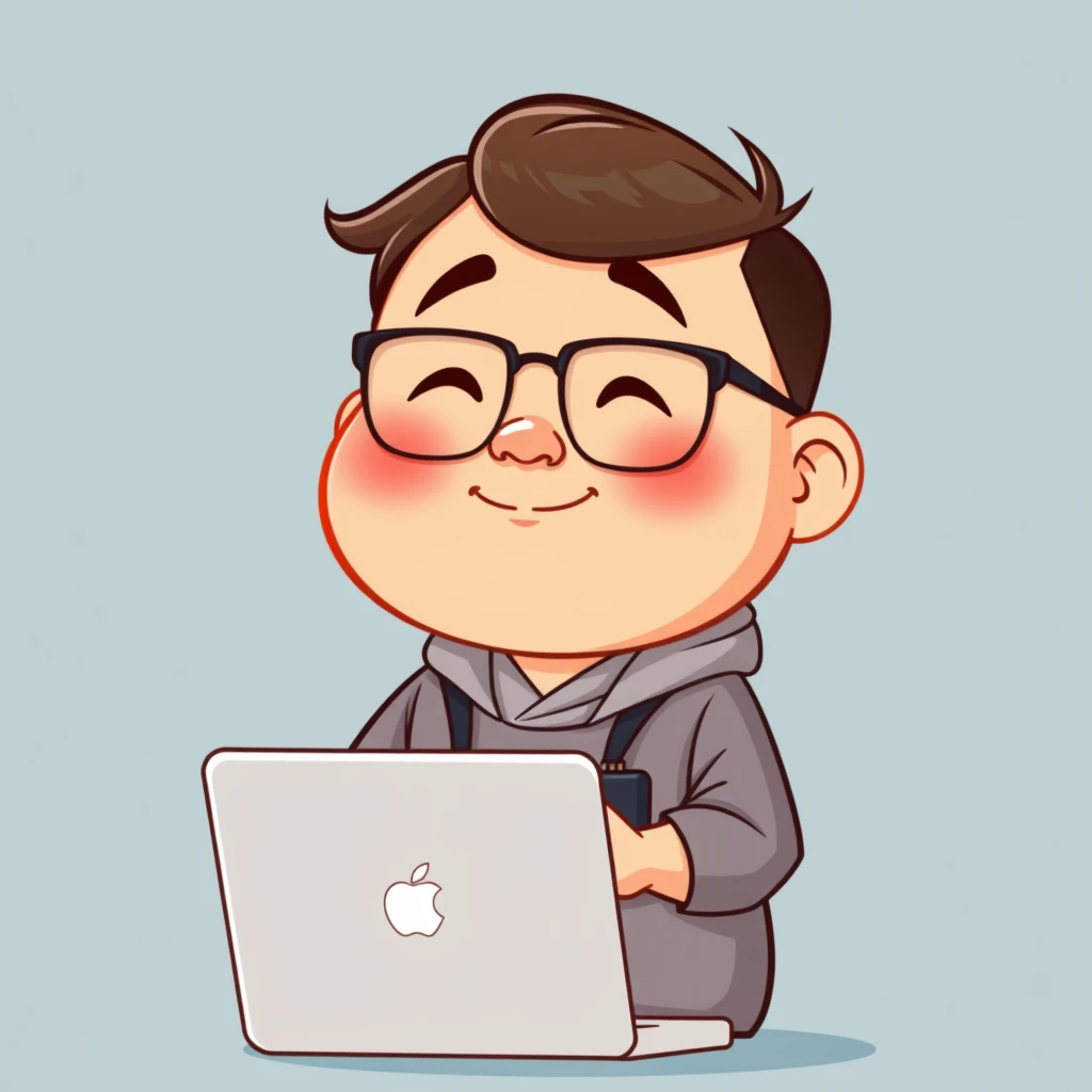 cartoon style
Chinese, fat, programmer, wear glasses, macbook - Image