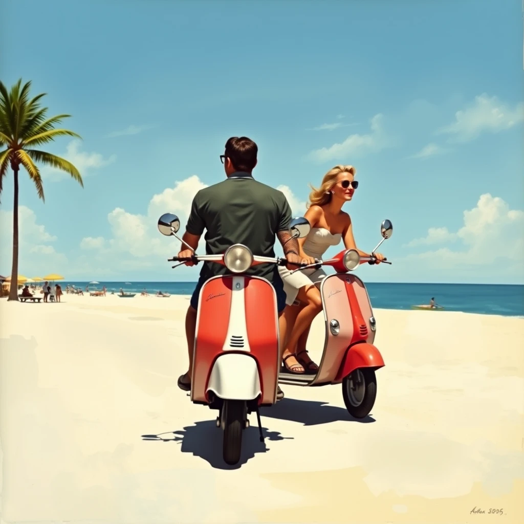 A Miami Beach postcard featuring a couple riding two scooters beside each other, from 1956, as painted by Arthur Sarnoff, wide, landscape view.